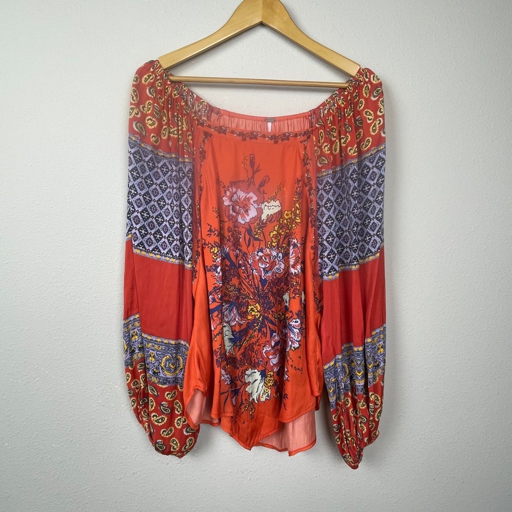Free People‎ Oversized Boho Top Off Shoulder Balloon Sleeve Peasant Blouse Sz M